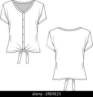 T-shirt Henley casual con apertura completa con intaglio da donna disegno tecnico piatto con disegno vettoriale Illustrazione Vettoriale