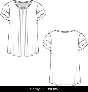 T-shirt manica con volant a balze e pieghe moda donna disegno tecnico piatto Illustrazione Vettoriale