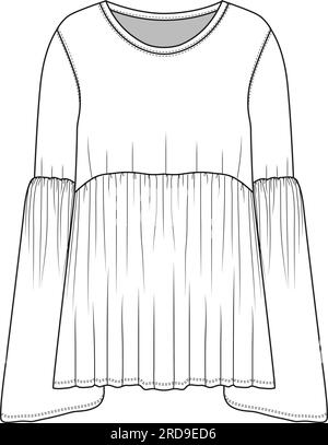 Camicia a campana Moda donna Top in peplum Technical Flat sketch Drawing Vector Illustrazione Vettoriale