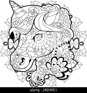 Testa l'unicorno su Zentangle mandala per colorare. Può essere utilizzato per la stampa su t-shirt, carta da parati o poster. Illustrazione Vettoriale