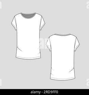 T-shirt da donna top collo rotondo manica corta cad modello disegno disegno disegno disegno piatto vettore Illustrazione Vettoriale