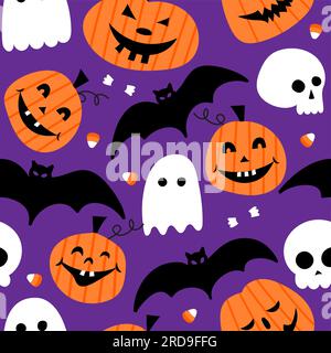 Carino modello di Halloween senza cuciture con ragnatela, fantasmi e zucche. Design delizioso. Jack o lanterna set. Divertente mano disegnata doodle, grafica tessile Illustrazione Vettoriale