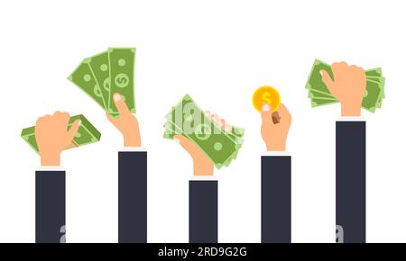 La mano tiene i soldi. Mani umane incastonate con banconote in dollari e monete d'oro. Investimento di denaro, successo finanziario. Concetto di pagamento. Illustrazione vettoriale. Illustrazione Vettoriale