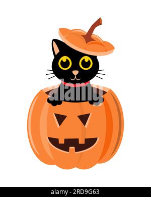 Gatto nero e zucca di halloween . Personaggio dei cartoni animati . Illustrazione vettoriale . Illustrazione Vettoriale