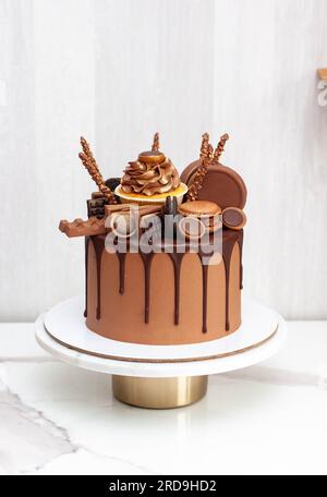 Torta al cioccolato riccamente decorata con dolci assortiti, cupcake, biscotti, barrette di cioccolato e macaron Foto Stock