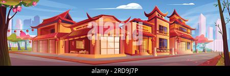 China Town Street nella città moderna. Illustrazione vettoriale di vecchi edifici cinesi, negozio di tè, ristorante di cucina tradizionale decorato con lanterne di carta rossa, grattacieli del paesaggio urbano sullo sfondo Illustrazione Vettoriale