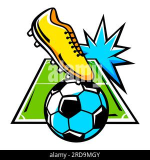 Emblema con simboli di calcio. Etichetta club di calcio. Illustrazione sportiva in stile cartone animato. Illustrazione Vettoriale