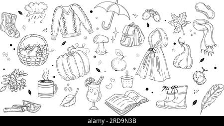 Ambientato sul tema dell'autunno nello stile del doodle bianco e nero. Immagine vettoriale entro il 1° settembre per volantini, banner e copertine. Illustrazione Vettoriale