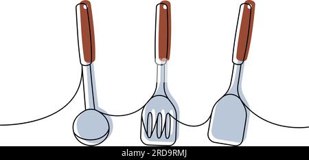 Utensili da cucina, disegno continuo a colori su una linea. Spatola da cucina, mestolo, illustrazione continua a una riga. Illustrazione Vettoriale