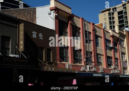 Edifici commerciali più vecchi dell'inizio del XX secolo e della fine del XIX secolo in Sussex Street, China Town Sydney Foto Stock