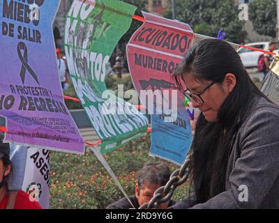 Frasi come "protestare è un diritto, non è un crimine” e "ho paura di uscire per protestare e non tornare” possono essere lette su poster quando migliaia di unionisti, attivisti, E i membri di gruppi indigeni sono scesi in piazza come parte della cosiddetta terza presa di Lima, per iniziare un'altra ondata di proteste contro il presidente Dina Boluarte e il Congresso, chiedendo le sue dimissioni e nuove elezioni generali. Nelle precedenti rivolte, dal dicembre 2022 al marzo di quest'anno, ci sono stati più di 50 morti a causa dell'uso eccessivo della forza da parte della polizia per controllare i manifestanti. Foto Stock