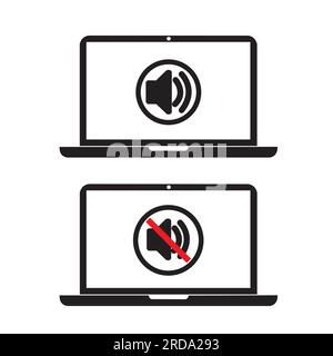 Un notebook con segnale acustico acceso e spento sullo schermo su sfondo bianco con spazio per la copia Illustrazione Vettoriale