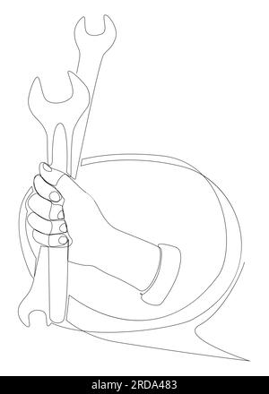 Una linea continua di fumetto con Wrench. Concetto vettoriale illustrazione a linee sottili. Idee creative per disegnare contorni. Illustrazione Vettoriale