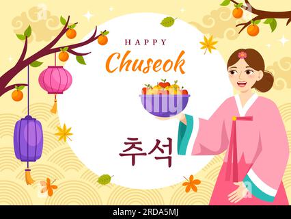 Happy Chuseok Day illustrazione vettoriale dell'evento coreano del Ringraziamento con Festival del raccolto festeggia la notte d'autunno modelli disegnati a mano Illustrazione Vettoriale