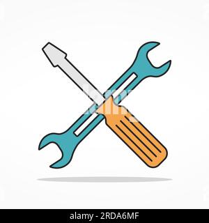 Icona di manutenzione a linea piatta, cacciavite e chiave, illustrazione vettoriale eps10 Illustrazione Vettoriale