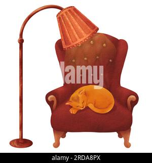 Composizione casalinga accogliente per la sera. Un gatto rosso dorme su una poltrona imbottita in Bordeaux a casa. La luce calda della piantana risplende sul gatto Foto Stock