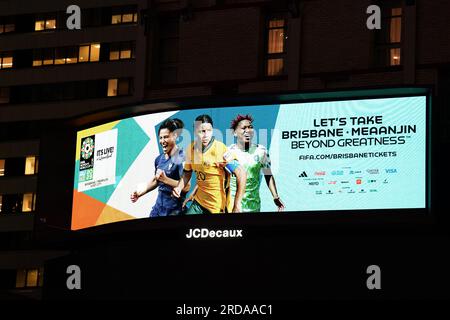 Foto del file datata 17/07/23 del marchio a Brisbane, in Australia, in vista della Coppa del mondo femminile FIFA 2023 che inizia il 20 luglio, ospitata congiuntamente da Australia e nuova Zelanda. I datori di lavoro sono esortati a prepararsi per i lavoratori che vogliono assistere alle partite durante la Coppa del mondo femminile, che inizia oggi. Il torneo è un grande evento sportivo per molti dipendenti che potrebbero voler seguire la loro squadra preferita, ha dichiarato ACAS, il servizio di conciliazione. Data di emissione: Giovedì 20 luglio 2023. Foto Stock