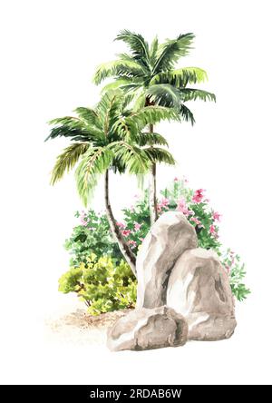 Palme tropicali, illustrazione ad acquerello disegnata a mano isolata su sfondo bianco Foto Stock