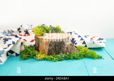 Sezione trasversale del tronco con lichene verde stabilizzato e panno rustico per l'esposizione del prodotto, isolato su sfondo bianco Foto Stock