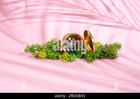 Bussola dorata su lichene verde con sfondo rosa e foglie di palme, mockup di concetto di viaggio Foto Stock