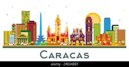 Skyline di Caracas Venezuela City con edifici colorati isolati su bianco. Illustrazione vettoriale. Business Travel and Tourism Concept. Illustrazione Vettoriale