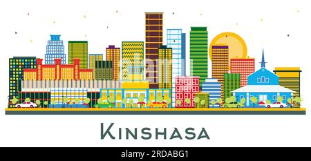 Skyline di Kinshasa City con edifici colorati isolati su bianco. Illustrazione vettoriale. Business Travel and Tourism Concept con architettura moderna. Illustrazione Vettoriale