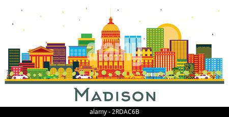 Madison Wisconsin City Skyline con edifici colorati isolati su bianco. Illustrazione vettoriale. Business Travel and Tourism Concept con edifici moderni. Illustrazione Vettoriale