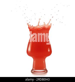 Vetro pieno di liquido rosso che fuoriesce su sfondo bianco Foto Stock