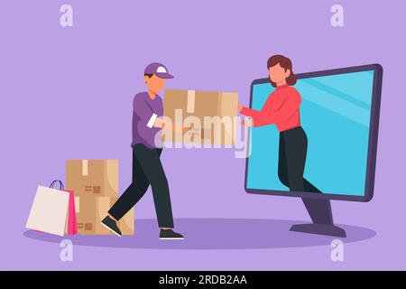 Il disegno in stile piatto dei cartoni animati di una cliente femminile riceve la confezione, tramite lo schermo del monitor del computer dal corriere maschio. Servizio di consegna online. Onli Foto Stock