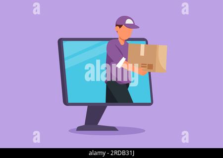 Il corriere maschio con disegno grafico a design piatto fornisce la confezione della scatola e lo schermo del computer del monitor. Tecnologia dei servizi di delivery online. Consegna rapida p Foto Stock