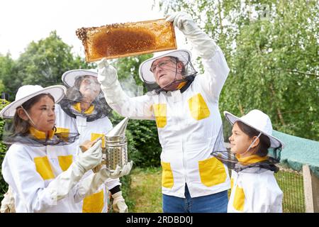 Ragazze elementari con apicoltori anziani che esaminano la struttura in cera d'api indossando tuta protettiva nella fattoria degli apiari Foto Stock