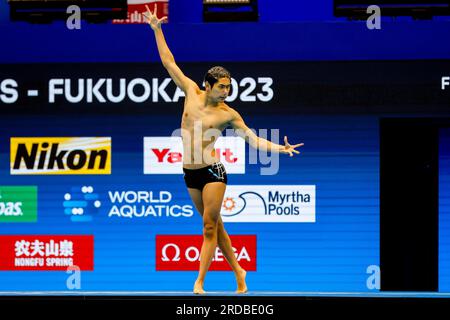 Fukuoka, Giappone. 19 luglio 2023. Yotaro Sato del Giappone gareggia in Men solo Free - finale il giorno 1 dei Campionati Mondiali di Aquatics di Fukuoka 2023 alla Marine Messe Fukuoka Hall A il 19 luglio 2023 a Fukuoka, Giappone (foto di Nikola Krstic/BSR Agency/Alamy Live News) crediti: Agenzia BSR/Alamy Live News Foto Stock