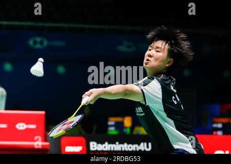 Yeosu, Corea del Sud. 20 luglio 2023. He Bingjiao della Cina compete durante il match del secondo turno di singolare femminile contro Kim Gaeun della Corea del Sud al BWF Korea Open Badminton Championships 2023 a Yeosu, Corea del Sud, 20 luglio 2023. Crediti: Wang Yiliang/Xinhua/Alamy Live News Foto Stock