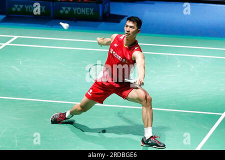 Yeosu, Corea del Sud. 20 luglio 2023. La cinese Zhao Junpeng gareggia nel match di secondo turno del singolare maschile contro Loh Kean Yew di Singapore al BWF Korea Open Badminton Championships 2023 a Yeosu, Corea del Sud, 20 luglio 2023. Crediti: Wang Yiliang/Xinhua/Alamy Live News Foto Stock