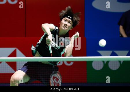 Yeosu, Corea del Sud. 20 luglio 2023. La cinese Chen Yufei gareggia durante il match del secondo turno di singolare femminile contro Pai Yupo del Taipei cinese al BWF Korea Open Badminton Championships 2023 a Yeosu, Corea del Sud, 20 luglio 2023. Crediti: Wang Yiliang/Xinhua/Alamy Live News Foto Stock