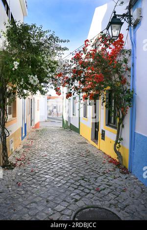 Strette strade acciottolate e tipiche facciate portoghesi nella città di Ferragudo, Portogallo Foto Stock