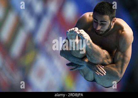 Fukuoka, Giappone. 20 luglio 2023. L'italiano Giovanni Tocci gareggia durante la finale maschile di trampolino di lancio di 3m dei Campionati del mondo di Aquatics 2023 a Fukuoka, in Giappone, il 20 luglio 2023. Crediti: Xu Chang/Xinhua/Alamy Live News Foto Stock