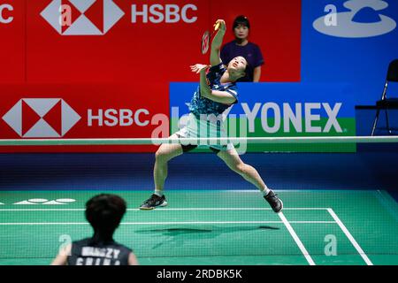 Yeosu, Corea del Sud. 20 luglio 2023. La giapponese Saena Kawakami compete nel match di secondo turno del singolare femminile contro la cinese Wang Zhiyi al BWF Korea Open Badminton Championships 2023 a Yeosu, Corea del Sud, 20 luglio 2023. Crediti: Wang Yiliang/Xinhua/Alamy Live News Foto Stock