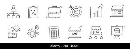 Set di icone per gli scarabocchi delle piccole e medie imprese. Icona di stile per schizzi disegnati a mano per aziende di piccole e medie dimensioni. Partenariato locale, strategia economica, concetto di franchising. Illustrazione vettoriale. Illustrazione Vettoriale