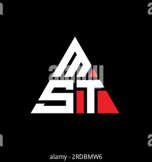 Logo MST a lettere triangolari con forma triangolare. Monogramma di design con logo a triangolo MST. Modello con logo vettoriale a triangolo MST di colore rosso. MST triangul Illustrazione Vettoriale