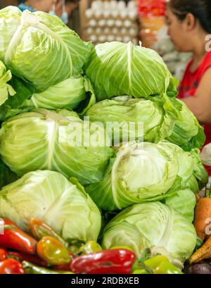 Verdura filippina di produzione locale: Cavolo, lattuga, peperoni verdi e rossi, carote, aglio, zenzero, cipolle rosse e bianche, disposti e impilati con cura Foto Stock