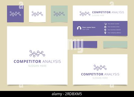 Design del logo di analisi della concorrenza con slogan modificabile. Libro di branding e modello di biglietto da visita. Illustrazione Vettoriale