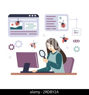 Tester per programmatori illustrazioni di cartoni animati femminili. Donna software tester al computer, che trova bug del programma. Concetto di QA, test, debug. Illustrazione vettoriale piatta isolata su bianco Illustrazione Vettoriale