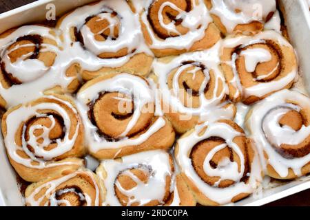 Panini alla cannella in una teglia bianca oblunga vista dall'alto Foto Stock