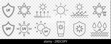 Icone della linea di protezione solare. Protezione solare e protezione uv. Illustrazione vettoriale isolata su sfondo trasparente Illustrazione Vettoriale