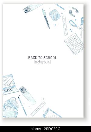 Forniture scolastiche e articoli per l'e-learning disegnano matite da colorazione blu in stile schizzo per un vettore di poster verticale Illustrazione Vettoriale