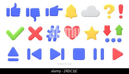 Simboli e segni 3D. Ad esempio, stella, punto esclamativo, cuore, pulsanti del lettore multimediale, controllare e incrociare. Icone vettoriali 3D colorate per pagine Web e dispositivi mobili Illustrazione Vettoriale
