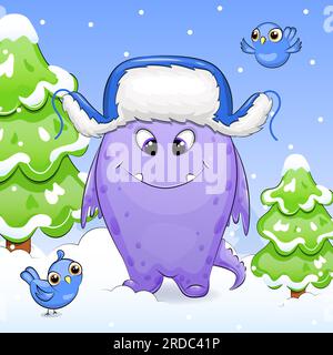 Simpatico mostro dei cartoni animati con un cappello blu con alette auricolari. Illustrazione vettoriale invernale con abeti verdi, uccelli, neve bianca e sfondo blu. Illustrazione Vettoriale