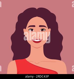 Bella donna sorridente in vestito rosso. Ritratto o avatar di una donna bella e allegra. Illustrazione vettoriale Illustrazione Vettoriale