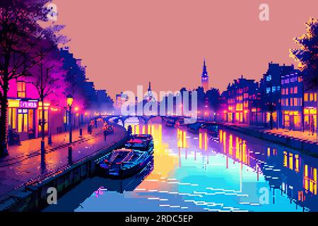 Paesaggio città 8 bit pixel art. Paesaggio naturale estivo paesaggio urbano sfondo di videogiochi arcade Illustrazione Vettoriale